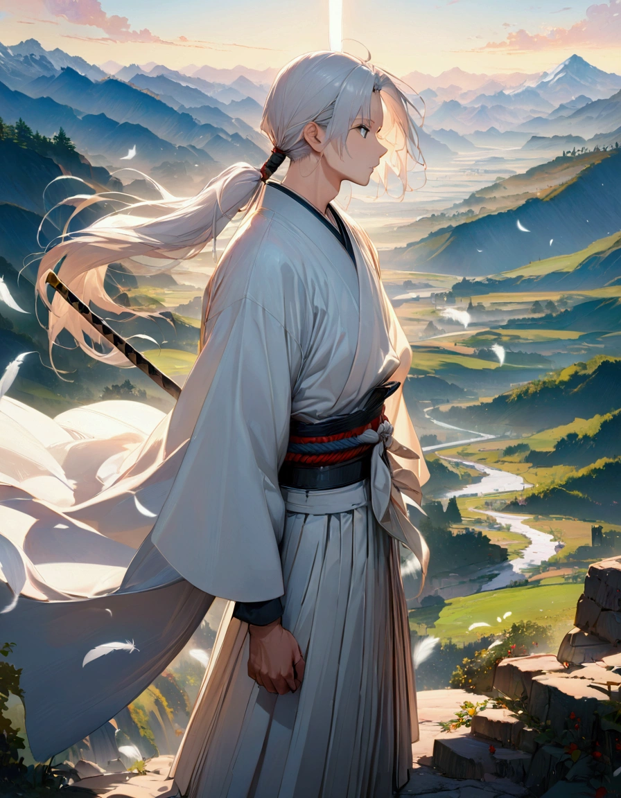(masterpiece:1.3),(最high quality:1.4),(Very detailedな:1.5),High resolution,Very detailed,8k,artwork,High level of detail,rendering,high quality,Wide range of colors,A fantastical white space where countless white feathers fall,Vivid light,((One Anime Guy))、(profile,Landscape),Cool handsome guy,Swordsman、(White Hair)、Long hair that reaches down to the waist is tied in a single ponytail、White Hakama、白いSwordsmanの服装、((samurai)),There&#39;s a sword on his waist、Looking up with a blank look。