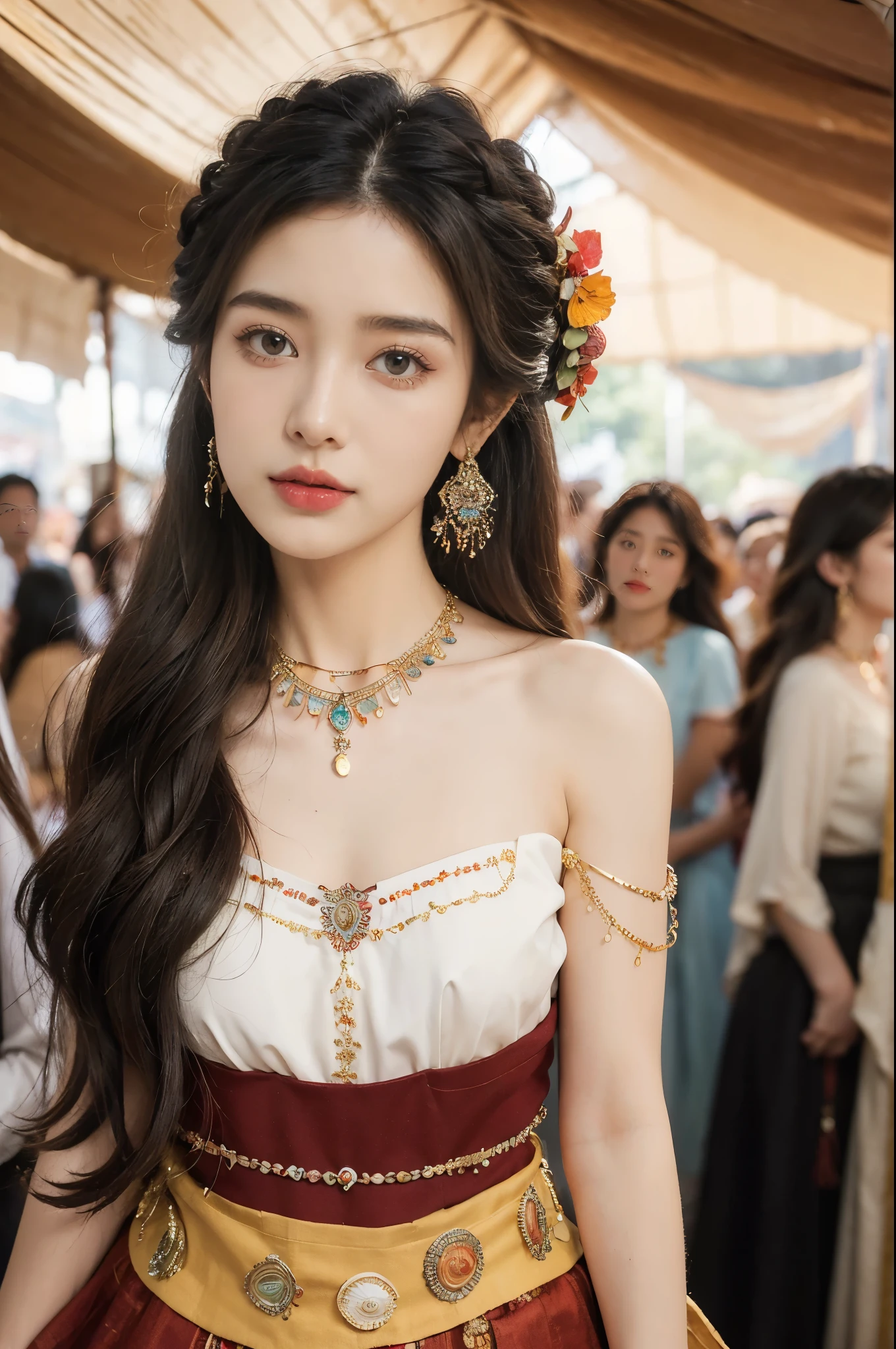 (((best quality))),(((ultra detailed))),(((masterpiece))),illustration,((1 beautiful girl,female Gypsy dancer,solo)),(shoulder length wavy hair:1.2),((slim,thin)),((small breasts,flat chest)),(detailed eyes:1.3),(Bohemian style ethnic outfit:1.3),(patchwork skirt:1.2),intricate beadwork,red top,((earrings,coin and shell necklace)),mystery,charm,Notre-Dame Cathedral,ancient Paris,summer morning,traditional attire,vendors,fruits,handcrafted objects,pastries,bakeries,spire,Gothic architecture,sunlight,ethereal glow,busy cityscape,out of place,free spirit,creativity,lost in thoughts,dreams,possibilities,bygone era,snapshot,essence,magic of summer,(surrounded by crowded crowds:1.3),((from front,upper body))