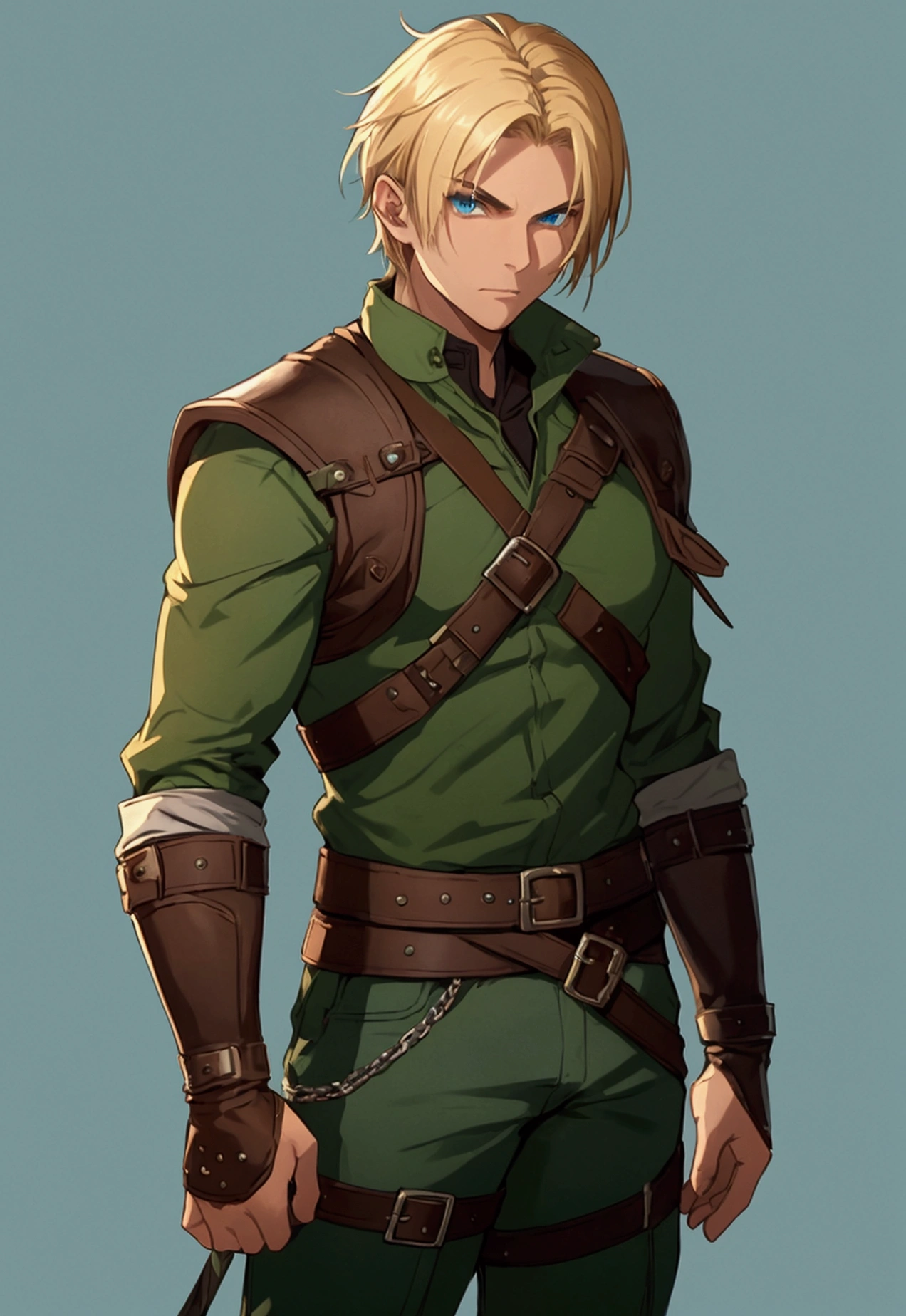 full portrait, simple male rogue, short blonde hair, battle hardened, brown leather jerkin, mild green pants, calmly standing, early 20s, blue eyes, plain and simple blue background, shining force style