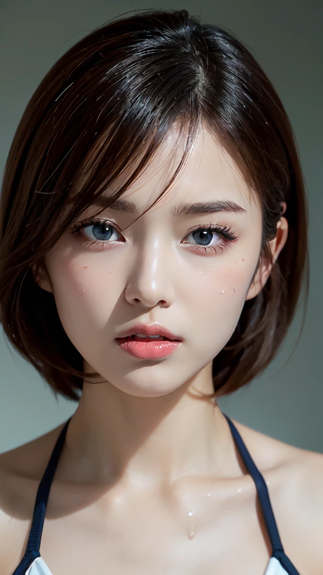 Run-6500-v1.1, (Photos brutes:1.2), (Photorealistic), Beautiful detailed girl, very detailed目と顔, Beautiful and beautiful eyes, Large file size, high resolution, very detailed, la plus haute qualité, [head of&#39;artwork:1.6], Sensibilisation, very detailed, CG, finement, la plus haute qualité, Background&#39;8k screen, Cinema lighting, 1 fille, , silhouette parfaite, Medium and firm breasts、【Huge 、heavy chest】、jolis yeux tombants、de beaux grands yeux、sweaty and wet、【sexual excitement:1.、To be&#39;The light in my eyes、Cheveux courts、high school girl、(Maillot de bain d&#39;école japonaise、Maillot de bain une pièce bleu marine、navy blue Japan student swimsuit:1.3)、poolside、pose dynamique、Huge Rim Figure