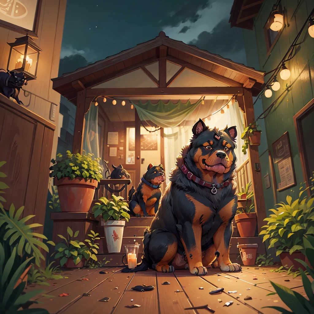 A big demonic looking rottweiler sitting on a porch at night