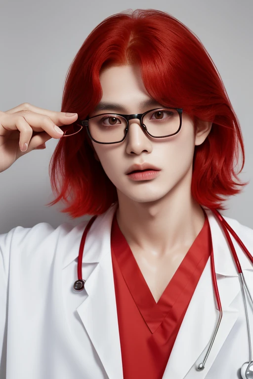 master piece, highest quality, High resolution, solo,real、spread your hands,((Ulzzang)),((bad boy)),sexy look,I can see the whole body,((Is the whole body in the frame?)),((male)),((white doctor blouse:1.5)),((sensual eyes)),((Gundam in the background)),((hand pose)),(lens 70mm),((perfect hands)),((blood red hair))、Chi Zun Chun、No makeup、medium hair、DIOR, blood red hair:2.0, cool eye glasses:2.0