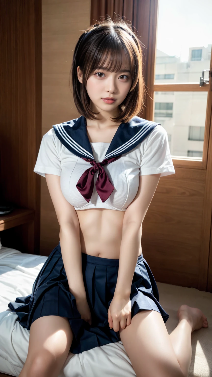 masterpiece, best quality, illustration, Super detailed, fine details, High resolution, 8K,wall paper, perfect dynamic composition,(Details High quality, realistic depiction of eyes:1.3), short hair, Black Sailor Uniform, serafuku, Navy pleated skirt, huge breasts, black hair color, Big Natural Color Lip, bold sexy pose, crying a little、 Harajuku style、20 year old girl、cute type、lolita、beautiful legs, hotel room, full body photo、focus on crotch, hposing Gravure Idol