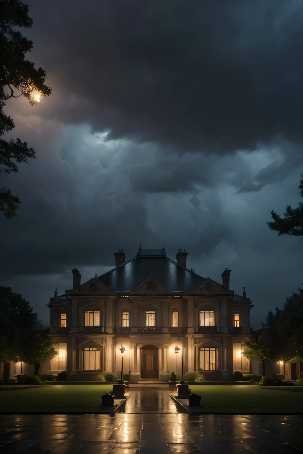 Create an image of an imposing mansion at night, captured in 4K resolution. The setting is a rainy climate, with a storm visible in the background. The mansion is big and old, with classical architecture, featuring ornate towers and balconies. The windows are lit from within, emitting a warm light that contrasts with the cold and damp environment outside.
The rain falls intensely, creating a curtain of drops that adds a dramatic, textured effect to the scene. The mansion's external lamps emit a soft, reflective light on the wet ground, creating puddles of water that reflect the lights and shadows of the mansion. The surrounding trees are covered in wet leaves, and strong winds cause leaves to move and rain to tilt at varying angles.