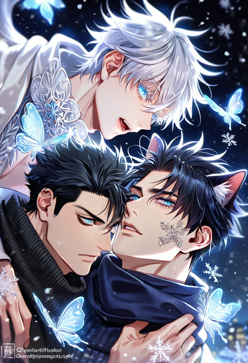 (absurdres, highres, ultra detailed, HDR) master piece, best quality, extremely detailed face, delicated features, Gojou Satoru, white hair, expressive blue eyes, white eyelashes, Jujutsu Kaisen, Wriothesley, black hair, expressive gray blue eyes, wolf ears, two sexy men together, yaoi, gay couple, white coat, black sweater, scarf, black round sunglasses, snowing, snow, snowflakes, ice butterflies, night sky, magical, fantasy