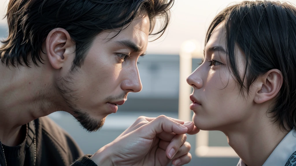 Create a realistic and detailed image of a peacemaker man, promoting peace between two people, the two people are making up, are reconciling, Man is the reconciler