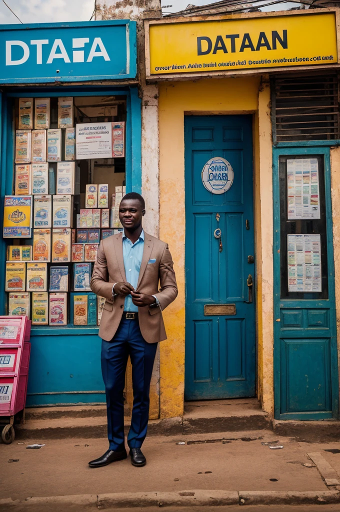 Sure! Here is a prompt you can use for an AI image generator:

---

Create an image of a handsome gentleman in front of his shop named "DATA OCEAN" in bold letters at the entrance. The shop should have a modern and welcoming look, with signage indicating that he sells data bundles at affordable prices in Ghana. Include elements such as mobile phones, SIM cards, and posters advertising various data bundle offers. The gentleman should be smiling, dressed in smart casual attire, and standing proudly at the entrance of his shop. The setting should reflect a busy, urban environment in Ghana