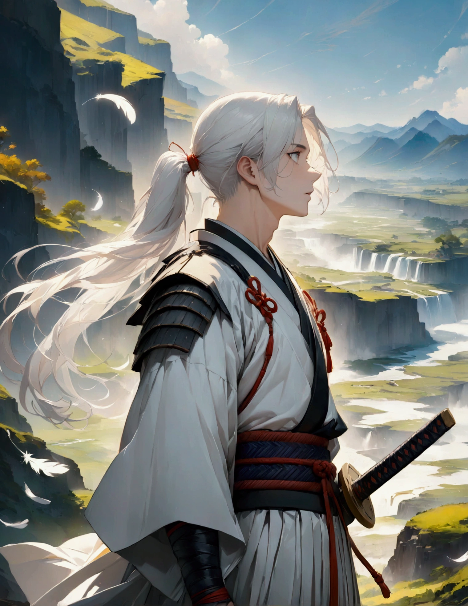 (masterpiece:1.3),(最high quality:1.4),(Very detailedな:1.5),High resolution,Very detailed,8k,artwork,High level of detail,rendering,high quality,Wide range of colors,A fantastical white space where countless white feathers fall,Vivid light,((One Anime Guy))、(profile,Landscape),Cool handsome guy,Swordsman、(White Hair)、Long hair that reaches down to the waist is tied in a single ponytail、White Hakama、白いSwordsmanの服装、((samurai)),There&#39;s a sword on his waist、Looking up with a blank look。