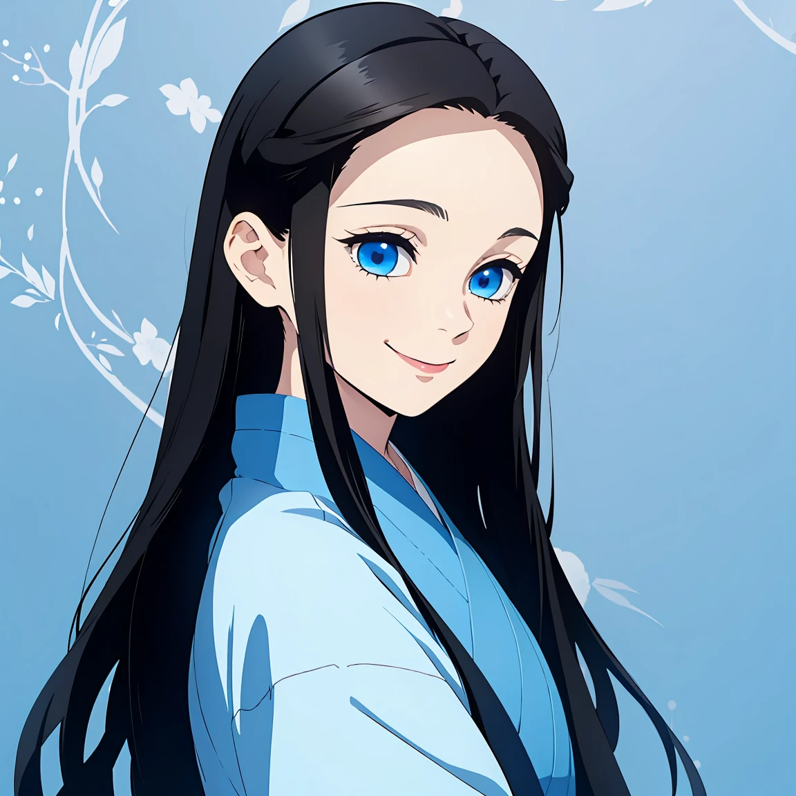 (1 girl, black long straight hair, blue eyes), blue kimono, black hair, (from front), face focus, smile, (half-up half-down hairstyle), (16 years old girl), smile