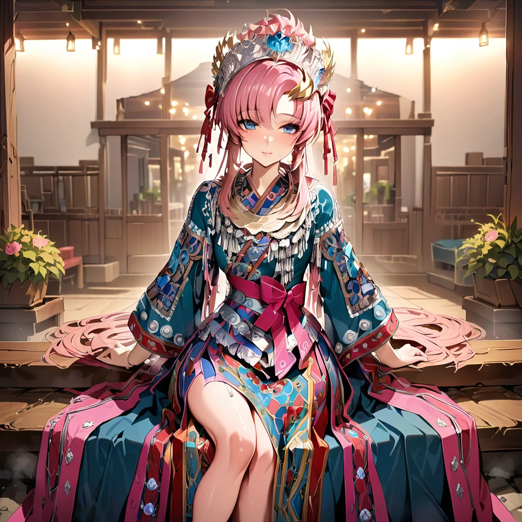 ((Highest quality)), ((masterpiece)), (detailed), （Perfect Face）、The woman is Lacus Clyne, with blue eyes, semi-long pink hair, and is wearing a gorgeous national costume and a gorgeous headdress.