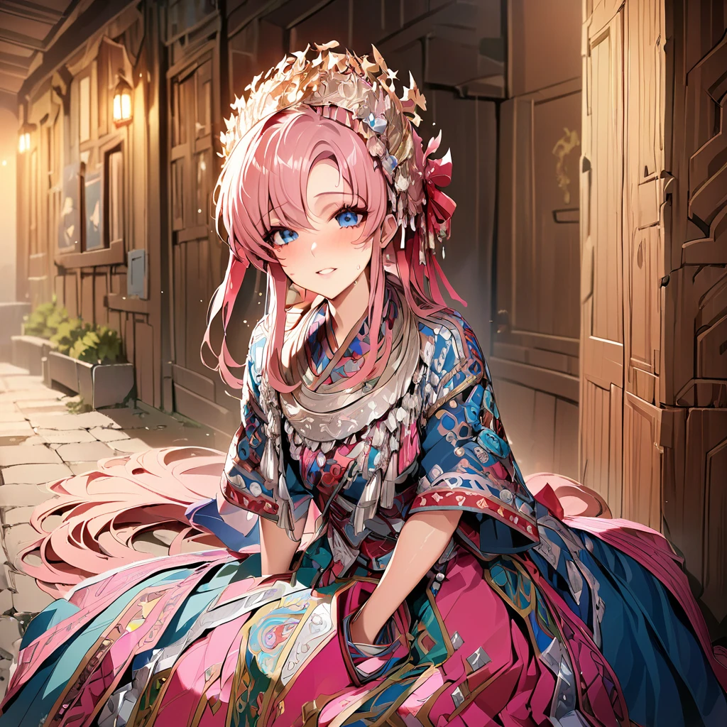 ((Highest quality)), ((masterpiece)), (detailed), （Perfect Face）、The woman is Lacus Clyne, with blue eyes, semi-long pink hair, and is wearing a gorgeous national costume and a gorgeous headdress.