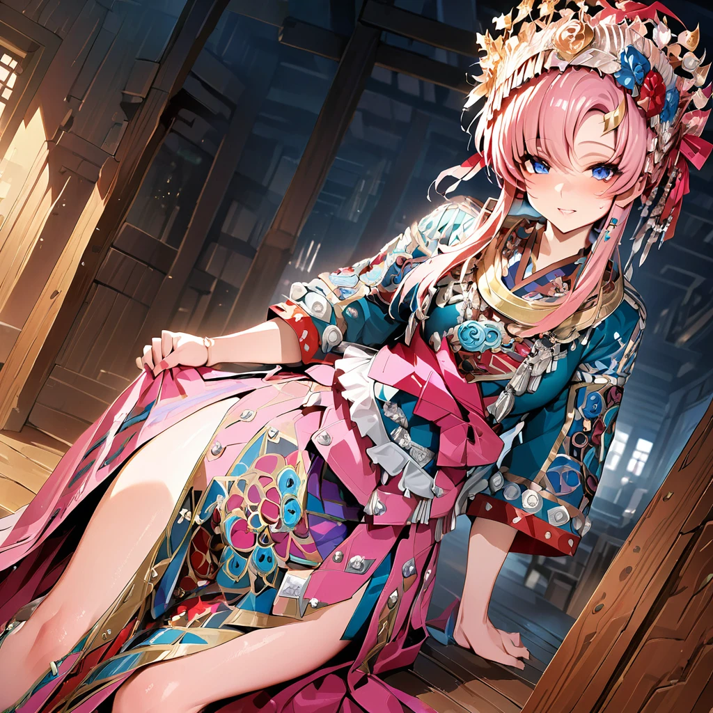 ((Highest quality)), ((masterpiece)), (detailed), （Perfect Face）、The woman is Lacus Clyne, with blue eyes, semi-long pink hair, and is wearing a gorgeous national costume and a gorgeous headdress.