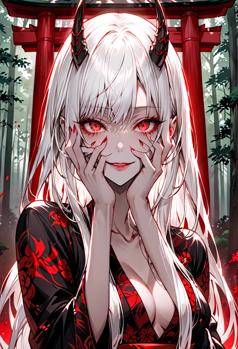 female, oni, flesh horns, dark luxurious kimono, white hair, long hair, medium breasts, cleavage:0.3, red eyes, forest, Japanese shrine, straight hair, feminine, from the waist up, yandere smile, yandere trance, broad shoulders, large woman, hands to face, insane