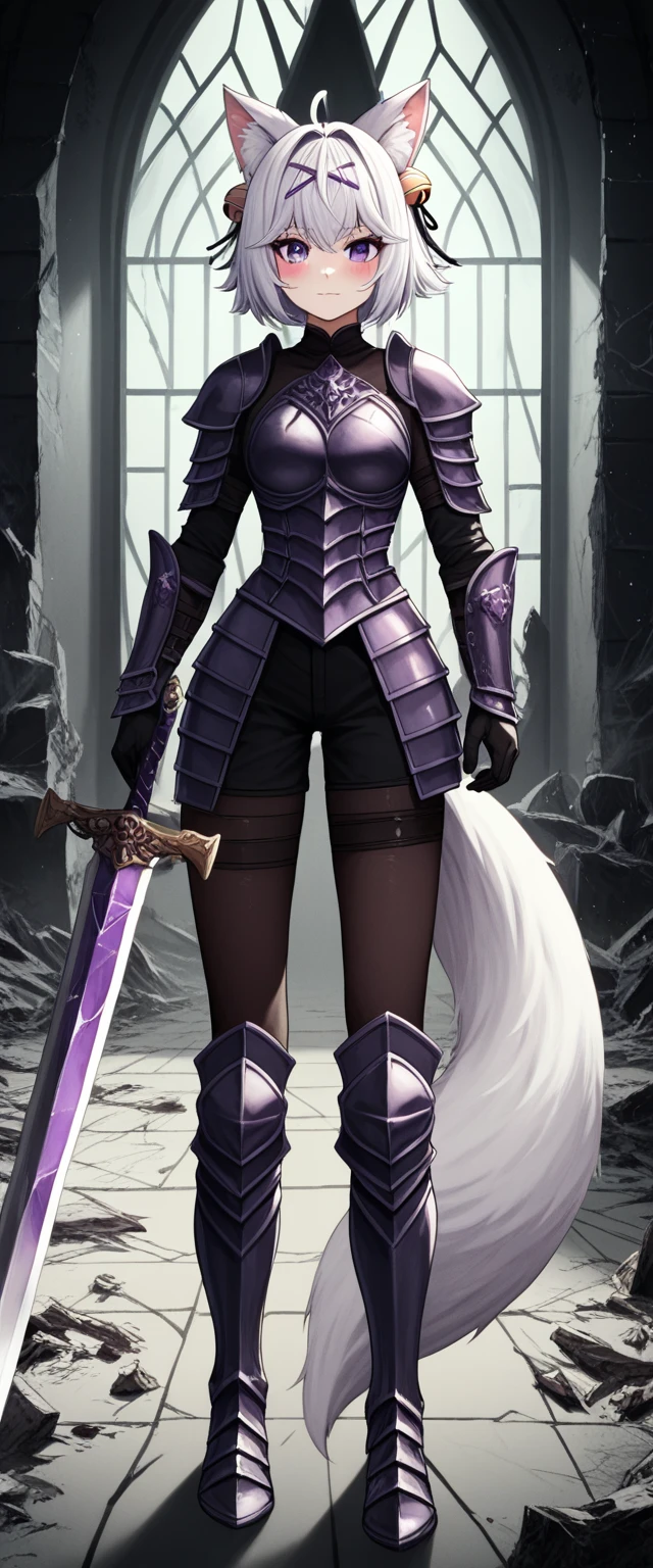 UHD, masterpiece, best quality, ((Night)), ((castle ruins)), ((battlefield)), ((destroyed empty throne)), ((destroyed walls)), broken glass, broken window, messy background, scary background, dramatic lighting, moody atmosphere, scary atmosphere, 1girl, solo, ((pageant pose)), conservative pose, black female knight armor, very elegant armor, sword sheath at the back, ((Greatsword)), ((heavy sword)), Filian, ((fox tail)), ((small cat ears)), white hair, short hair, waist length hair ponytail, ahoge, hairclip, hair bell, big round eyes, deep purple eyes, ((dark purple eyes)), blush, closed mouth, light smile, black armor sleeve, black gloves, thick arms, thick legs, black armor boots, Eye-Level Shot, full body shot, elegant pose, front view