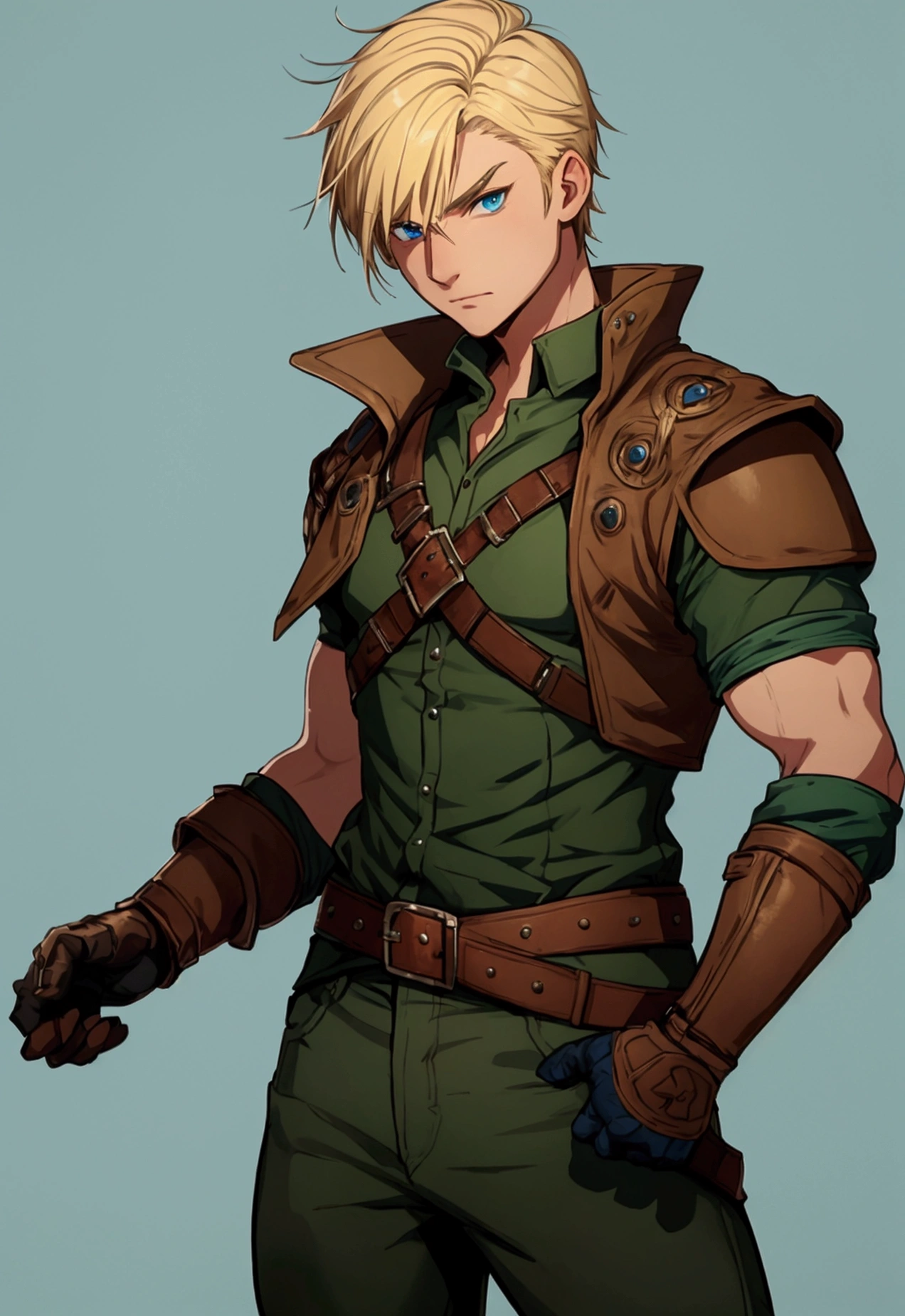 full portrait, simple male rogue, short blonde hair, battle hardened, brown leather jerkin, mild green pants, calmly standing, early 20s, blue eyes, plain and simple blue background, shining force style