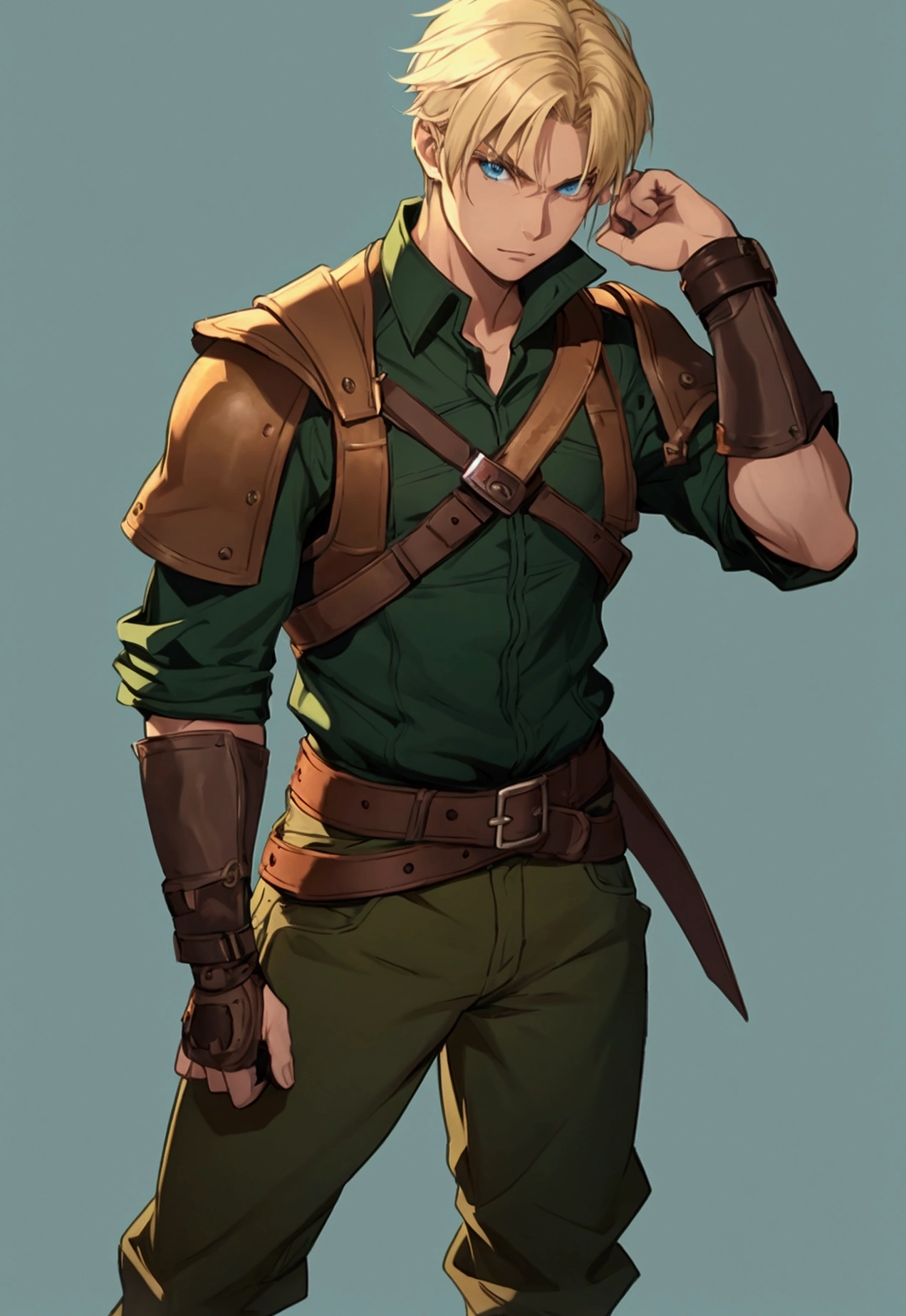 full portrait, simple male rogue, short blonde hair, battle hardened, brown leather jerkin, mild green pants, calmly standing, early 20s, blue eyes, plain and simple blue background, shining force style