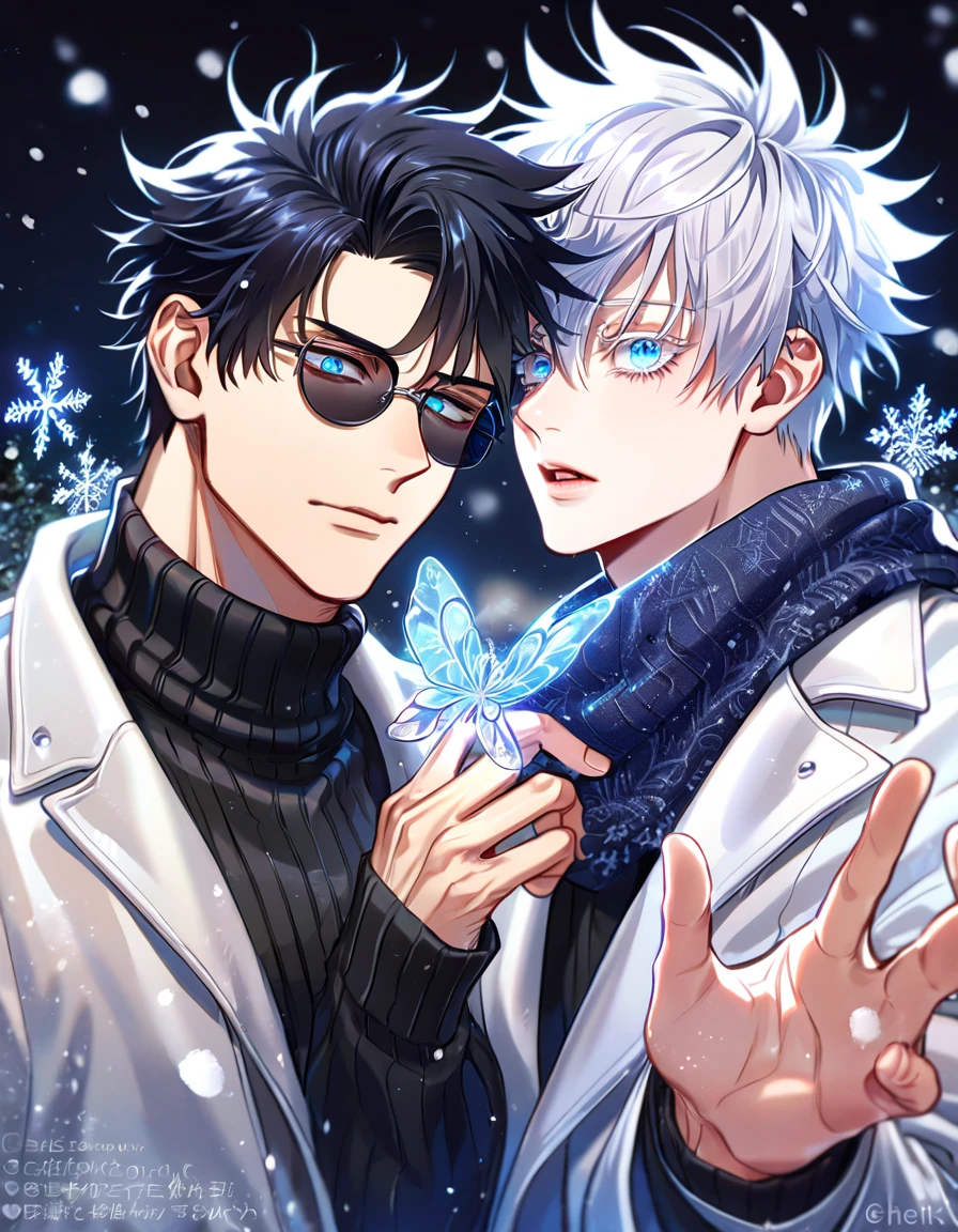 (absurdres, highres, ultra detailed, HDR) master piece, best quality, extremely detailed face, delicated features, Gojou Satoru, white hair, expressive blue eyes, white eyelashes, Jujutsu Kaisen, Wriothesley, black hair, expressive gray blue eyes, two sexy men together, yaoi, gay couple, white coat, black sweater, scarf, black round sunglasses, snowing, snow, snowflakes, ice butterflies, night sky, magical, fantasy