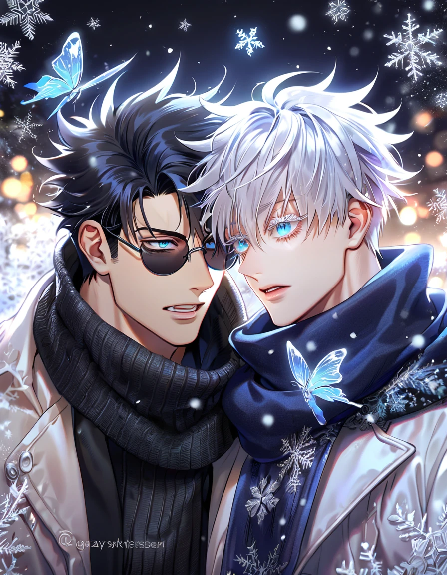 (absurdres, highres, ultra detailed, HDR) master piece, best quality, extremely detailed face, delicated features, Gojou Satoru, white hair, expressive blue eyes, white eyelashes, Jujutsu Kaisen, Wriothesley, black hair, expressive gray blue eyes, two sexy men together, yaoi, gay couple, white coat, black sweater, scarf, black round sunglasses, snowing, snow, snowflakes, ice butterflies, night sky, magical, fantasy