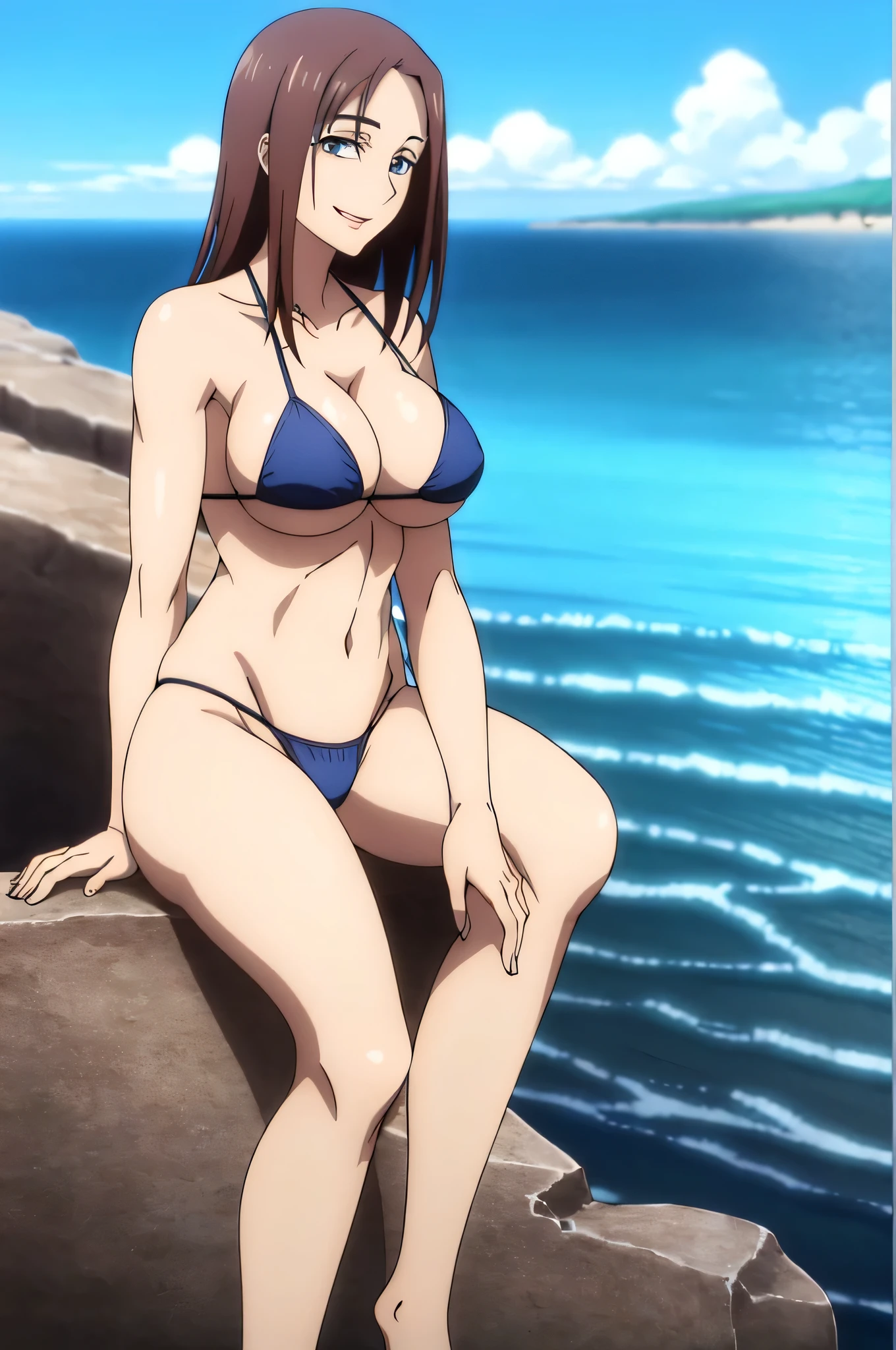 masterpiece, high quality, high resolution, high res, ShokoIeiri,1woman, 1 mole, eyeshadow, 1girl, solo, breasts, looking_at_viewer, smile, large_breasts, cleavage, bare_shoulders, collarbone, standing, sitting, sitting on rock, legs crossed, thick thighs, thong underwear, breasts, large breasts, big breasts, huge breasts, big tits, giant breasts, small bikini, bikini, blue bikini, bare shoulders, bare arms, beach, ocean, underboob, island background, high resolution, beautiful eyes, high quality, close shot