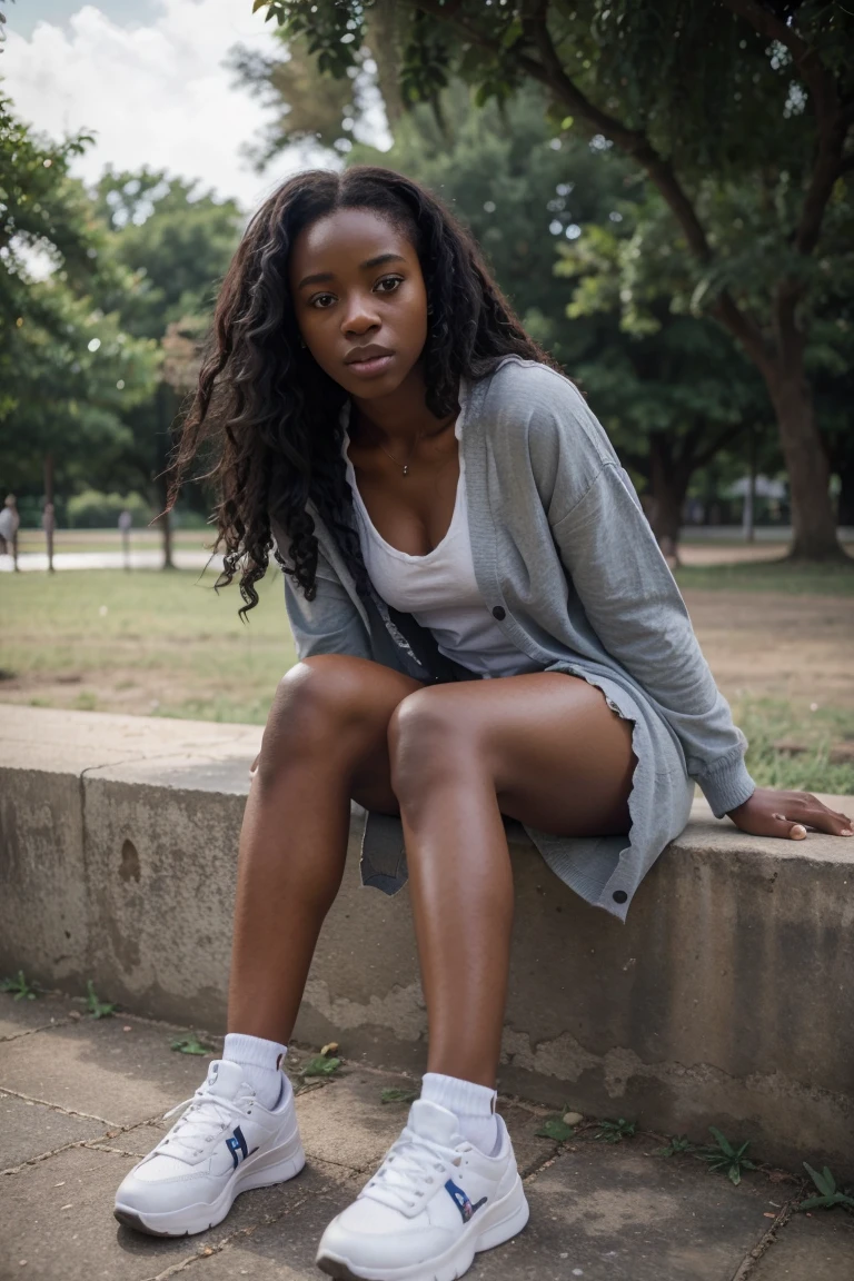 1girl, Solo, cute girl african around 20 years old, black long curly hair,black eyes, white t-shirt underneath, denim dress, black cardigan, white shoes, park photography, (whole body), RAW Photography, 8k, , Masterpiece, Full Body Shooting, Top Quality, Fine Pore, Realistic, Photorealistic, Ultra Detailed