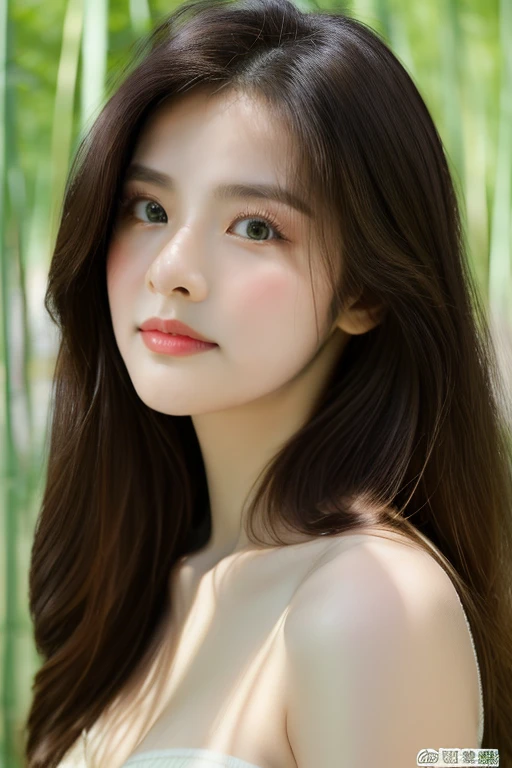 Top quality, RAW Photo, Highest Quality Image, 16K, Full body, Age 22 years old, Realistic, Photorealistic,  Beautiful Asian woman, Sexy, body, White pale skin, Beautiful hair, Wavy hair, Brown Hair,, Short hairstyle, Detailed face, Detailed body, Detailed skin, Double eyelids, Big eyes, long eyelashes, bright eyes, green eyes, natural lips, detailed lips, Saggy breasts, Very Small breasts, Flat Breasts, long shape breasts, posing in Bamboo forest , sunny day light , light through Aspen trees, wearing white shirt, Camera angle from below