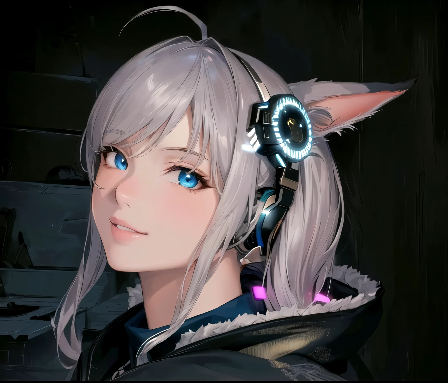 best quality, masterpiece, anime, tone mapped, super fine illustration, 1girl, blue eye, Miqo'te, looking at viewer, smile, lips, headphone