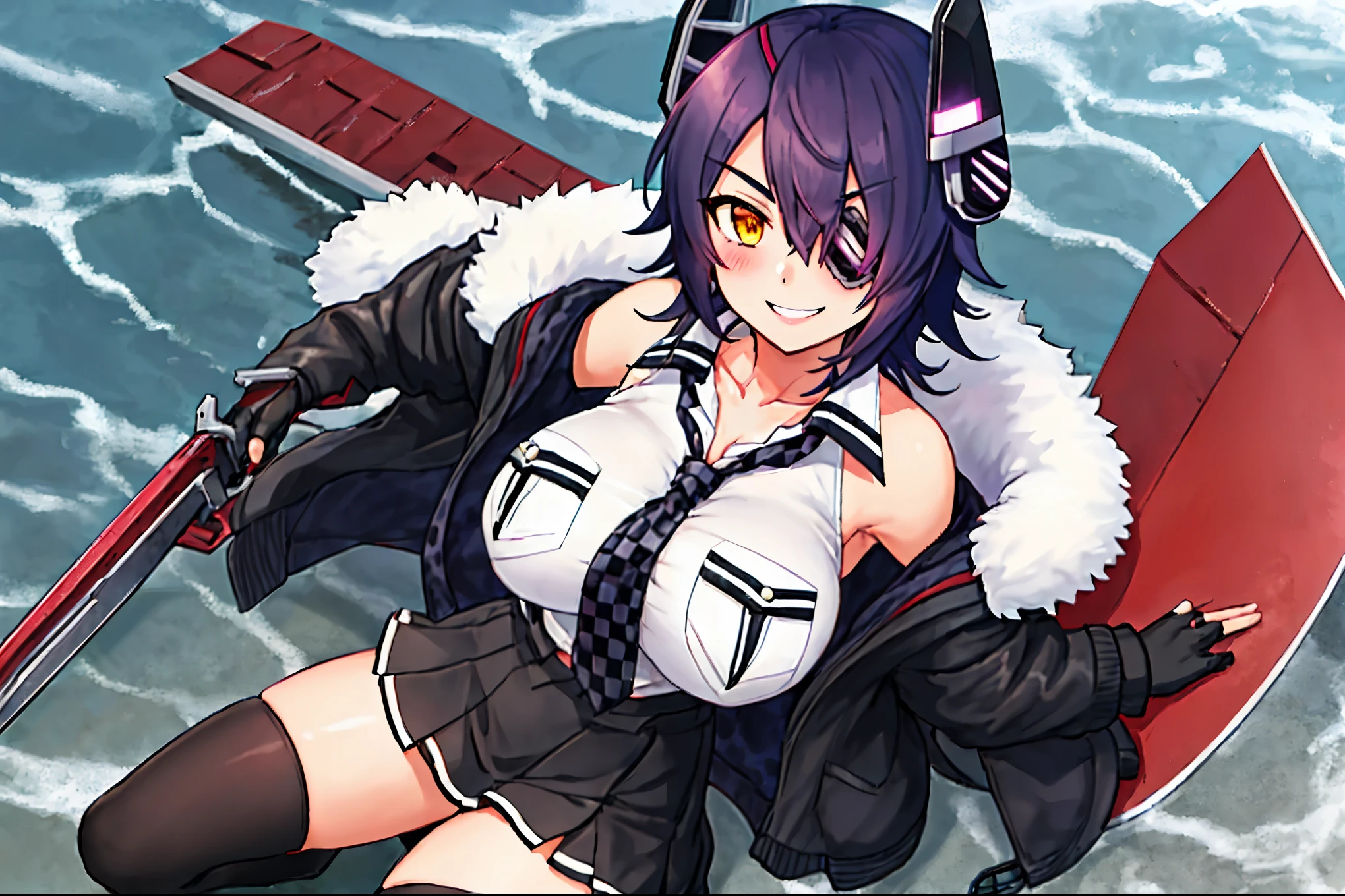 best quality, masterpiece, solo, {tenryuu_kantaicollection:1.15}, teen_girl, eyepatch, short_hair, purple_hair, yellow_eyes, headgear, breasts, necktie, large_breasts, smile, 1girl, blush, checkered_necktie, hair_over_one_eye, shirt, collared_shirt, white_shirt, jacket, sleeveless, brown_eyes, fur-trimmed_jacket, fur_trim, collarbone, looking_at_viewer, pocket, breast_pocket, ,, messy_hair, black_gloves, gloves, partially_fingerless_gloves,harbor_road_landscape_background,outdoor,short_skirt,thigh-highs,boots,sunlight,from_below,solo