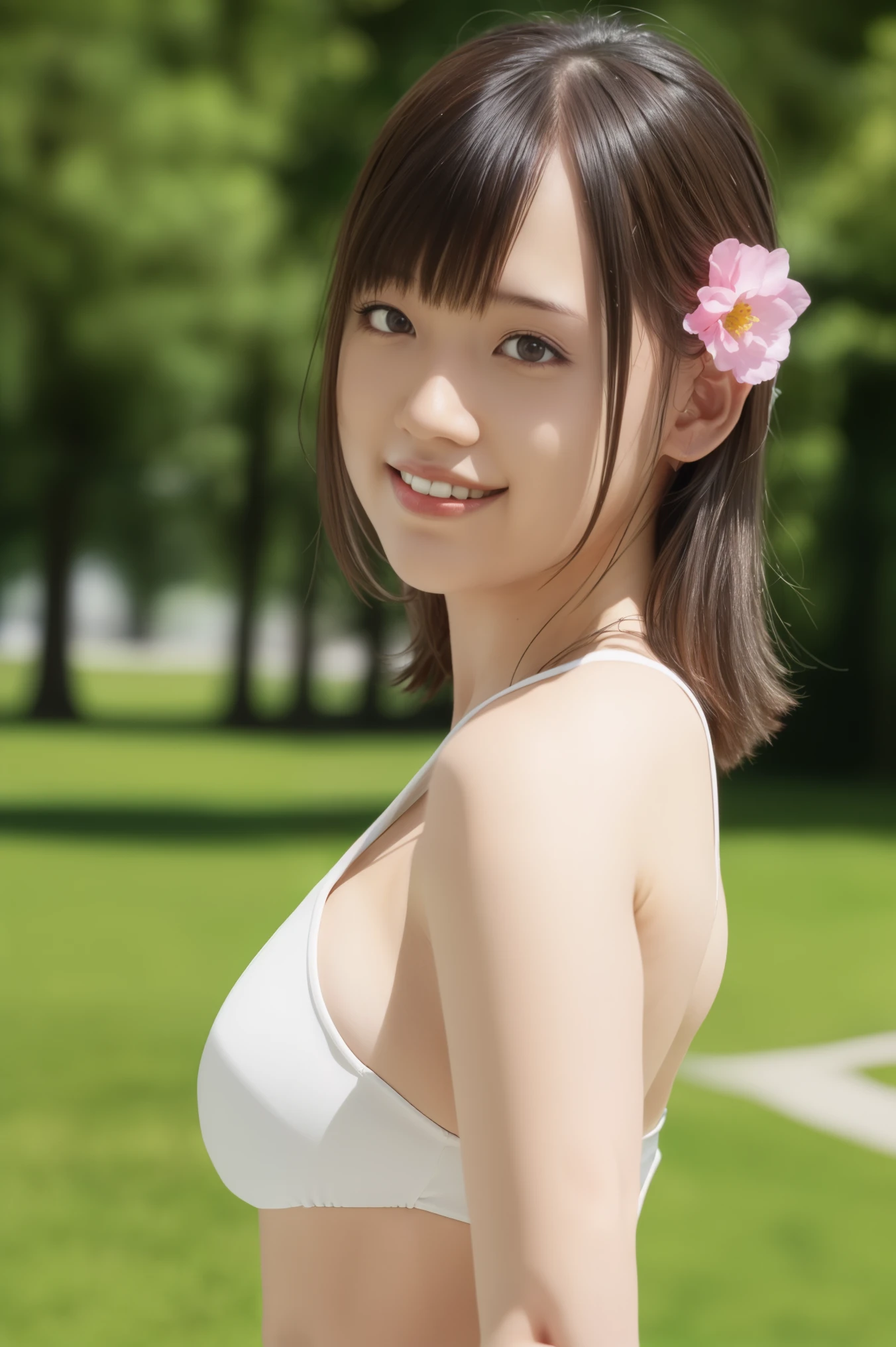 1girl,(RAW photo, best quality), (realistic, photo-realistic:1.4), masterpiece, an extremely delicate and beautiful, extremely detailed, 2k wallpaper, Amazing, finely detail, extremely detailed CG unity 8k wallpaper, ultra-detailed, highres, soft light, beautiful detailed girl, extremely detailed eyes and face, beautiful detailed nose, beautiful detailed eyes,cinematic lighting,perfect anatomy,
wearing a bikini,
at a flower park,sakura flowers,flower garden,
 smile, standing, hands behind back,