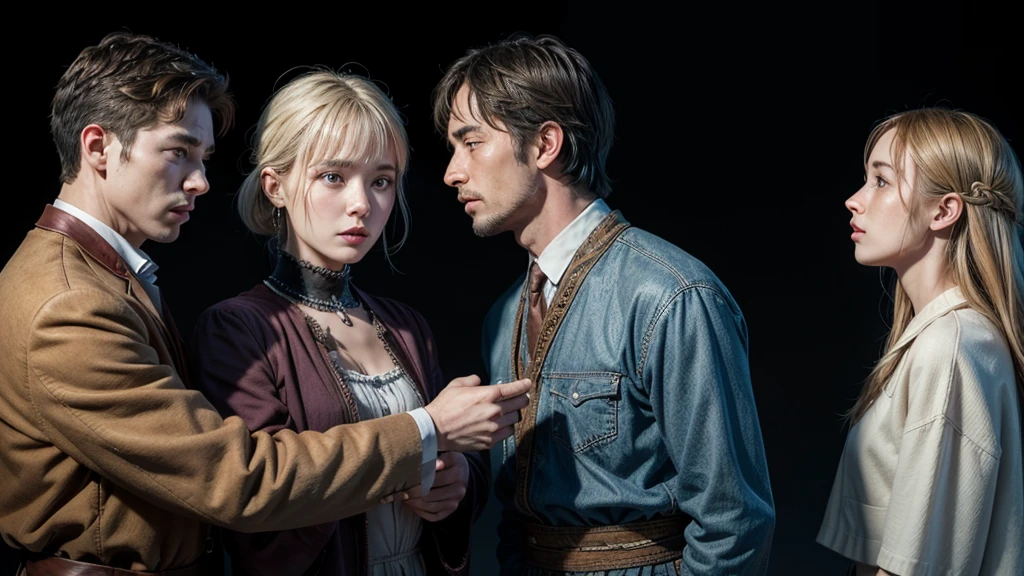 Create a realistic and detailed image of a peacemaker man, promoting peace between two people, the two people are making up, are reconciling, Man is the reconciler. the image must show three people, a man stands in the middle while a couple make up