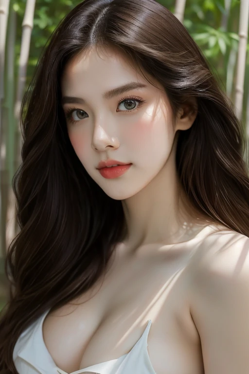 Top quality, RAW Photo, Highest Quality Image, 16K, Full body, Age 22 years old, Realistic, Photorealistic, Beautiful Asian woman, Sexy, body, White pale skin, Beautiful hair, Wavy hair, Brown Hair,, Short hairstyle, Detailed face, Detailed body, Detailed skin, Double eyelids, Big eyes, long eyelashes, bright eyes, green eyes, natural lips, detailed lips, Saggy breasts, Very Small breasts, Flat Breasts, long shape breasts, posing in Bamboo forest , sunny day light , light through Aspen trees, wearing white shirt, Camera angle from below