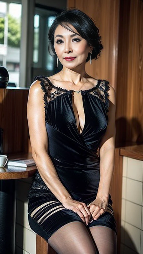 woman posing for a photo(flapper_Dress:1.Wearing 3)、A smile、 Good Hand、4K、hight resolution、​masterpiece、top-quality、headw:1.3、((Hasselblad photo))、Fine skin、Sharp Focus、(lighting like a movie)、鎖骨、natta、Soft lighting、dynamic ungle、[:(详细的脸:1.2):0.2]、(Bars in the 1920s)、L0uise、a black and white photo