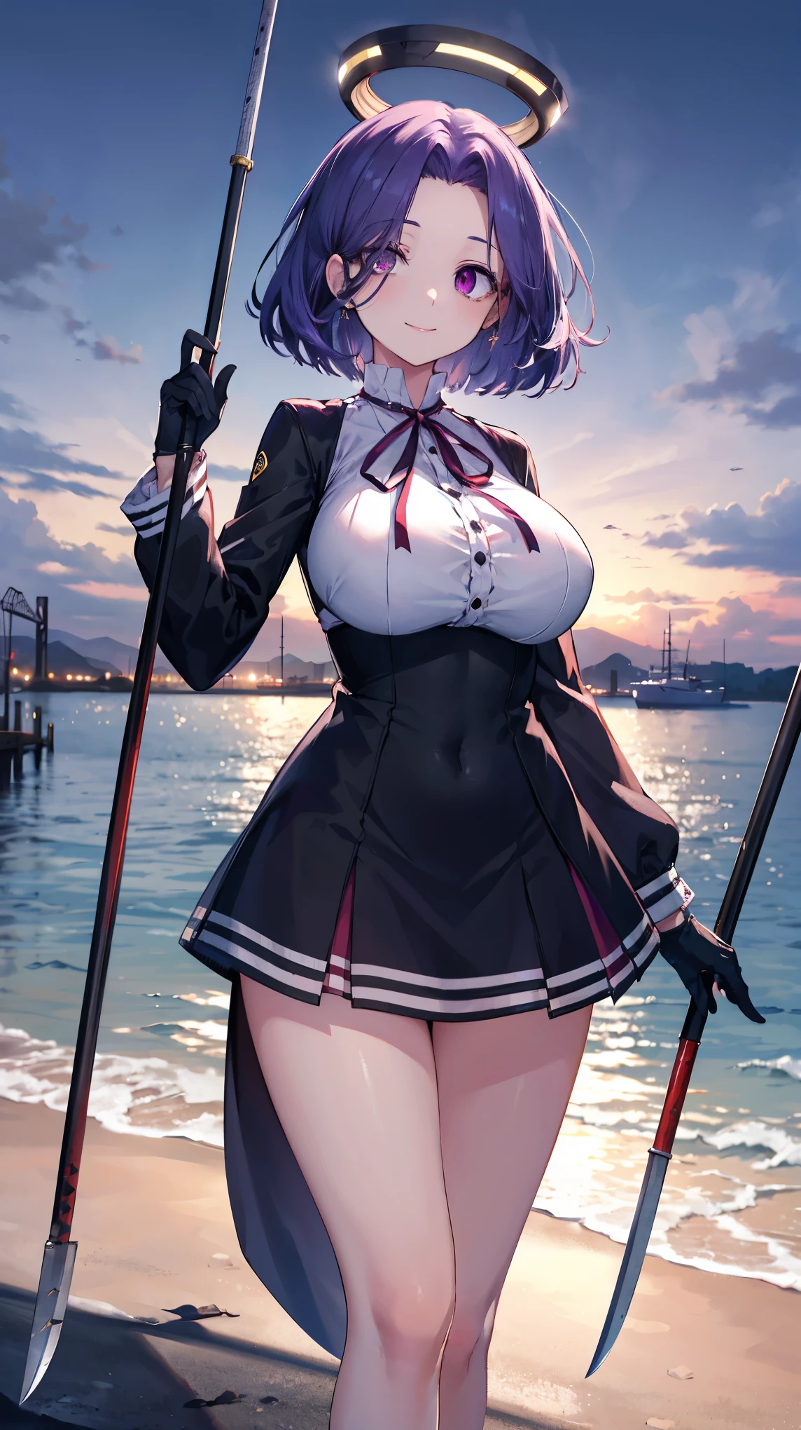 masterpiece, best quality, highres, mechanical halo, (gigantic_breasts:1.2), black dress, neck ribbon, long sleeves, black gloves, outdoors, cowboy shot, standing, holding weapon, polearm,smile,,harbor_town_landscape,purple_halfeyes,(scornful eye:1.4)