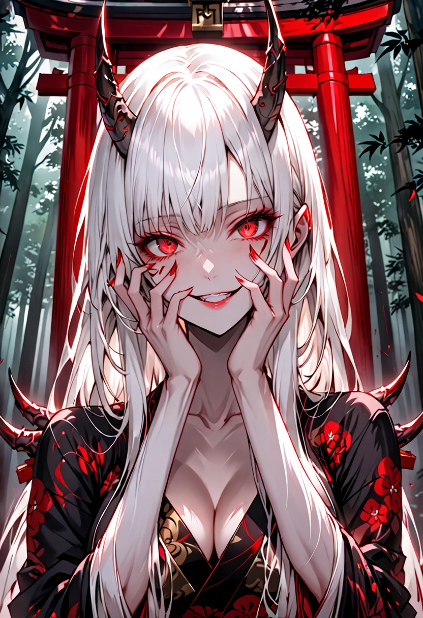 female, oni, flesh horns, dark luxurious kimono, white hair, long hair, medium breasts, cleavage:0.3, red eyes, forest, Japanese shrine, straight hair, feminine, from the waist up, wide yandere smile, yandere trance, broad shoulders, large woman, hands to face, insane