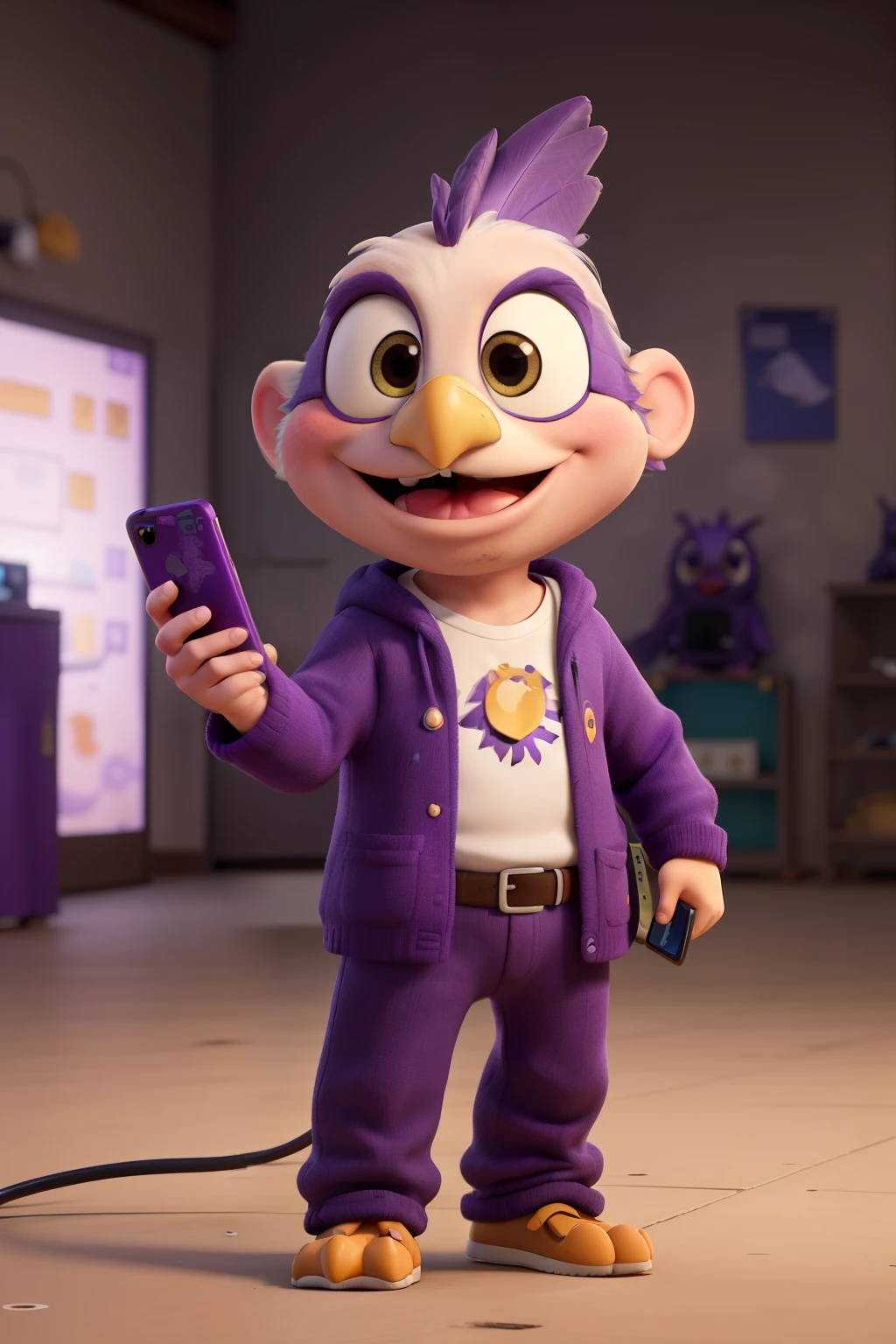 (melhor qualidade), (Cartoon), (Cute purple eagle mascot holding a cell phone as if being photographed for an electronics store commercial)