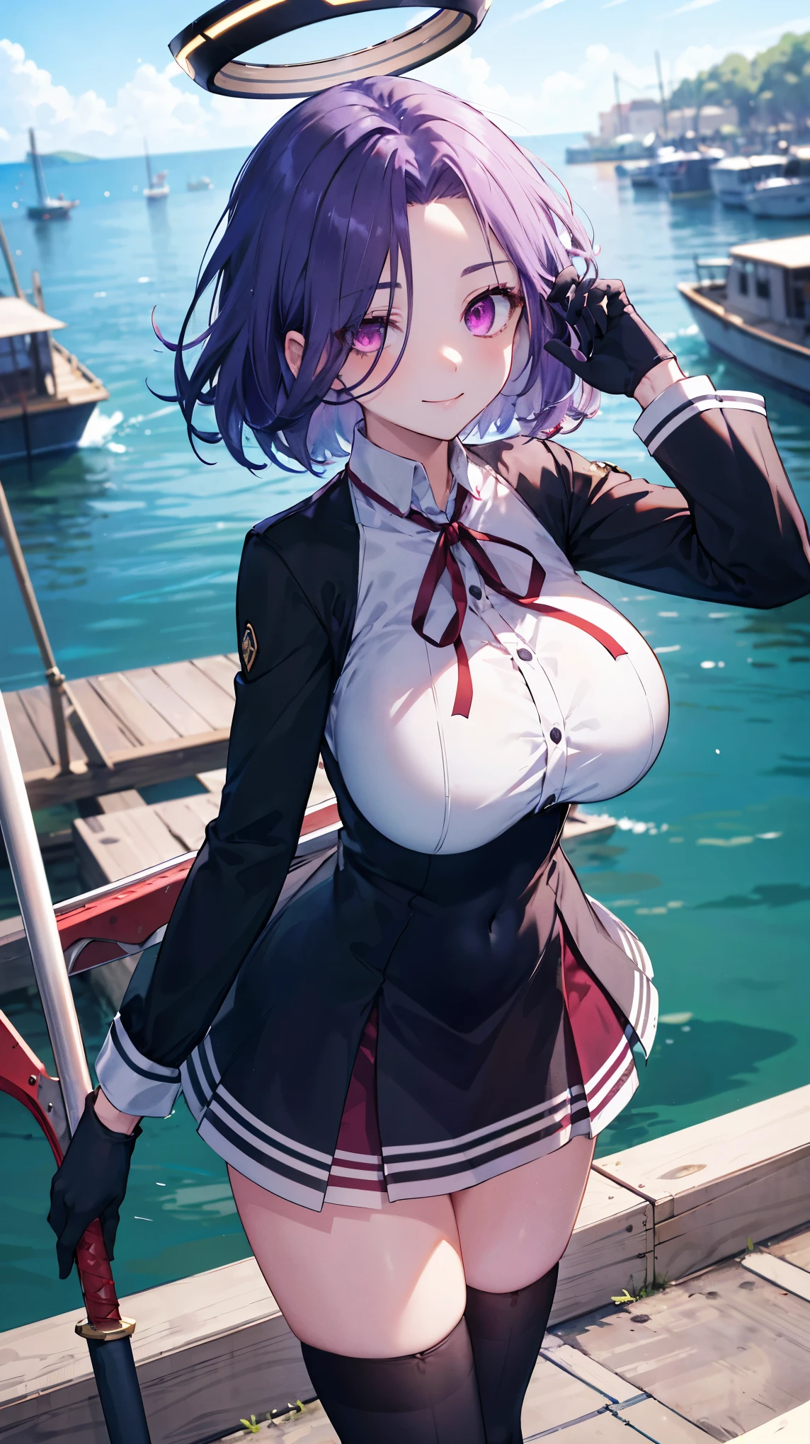 masterpiece, best quality, highres, mechanical halo, (gigantic_breasts:1.2), black dress, neck ribbon, long sleeves, black gloves, outdoors, cowboy shot, standing, holding weapon, polearm,smile,,harbor_town_landscape,purple_halfeyes,(scornful eye:1.4)