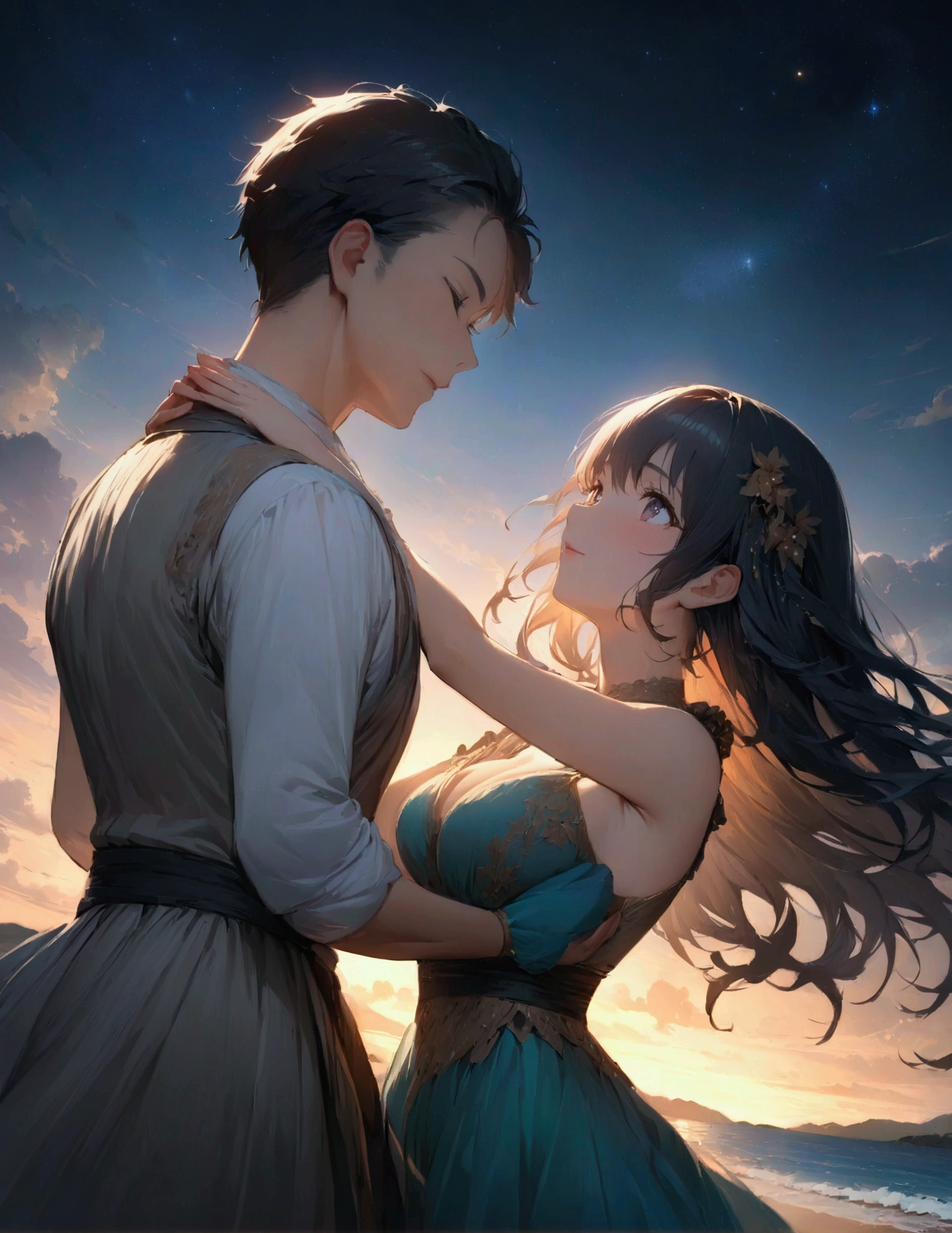 (masterpiece:1.3),(最high quality:1.4),(Very detailedな:1.5),High resolution,Very detailed,8k,artwork,High level of detail,rendering,high quality,Wide range of colors, The setting is a beach at night under the stars, ((One anime man and one anime woman)),dancing. The night is full of hope, And the moonlight illuminates the scene. Waves gently crash on the shore, Create a calm and magical atmosphere. " Narrative poem, Particle Effects, Dynamic Effects, Character border depth, Cinematic Light, Lens flare, Ray Tracing, Tabletop, Genuine , 超High resolution, Fantasy, Quiet and beautiful grassland, Vast land, Lakeside, Wonderful scenery, Beautiful natural scenery, Night Sky,