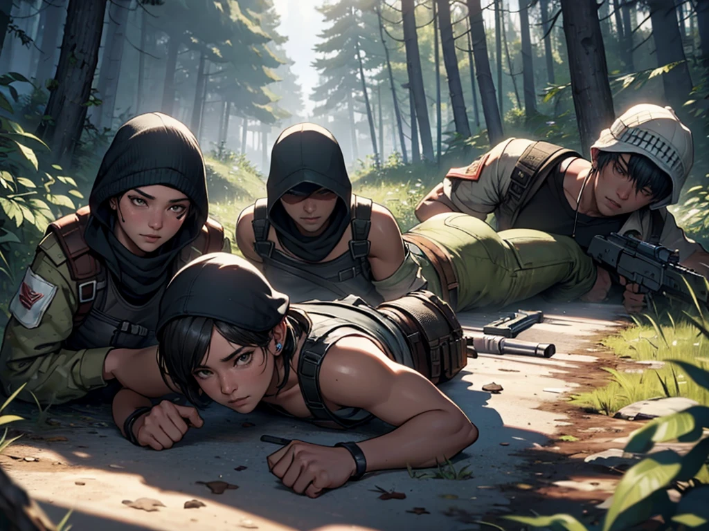 Pubg character shooting lying on four enemies in the forest