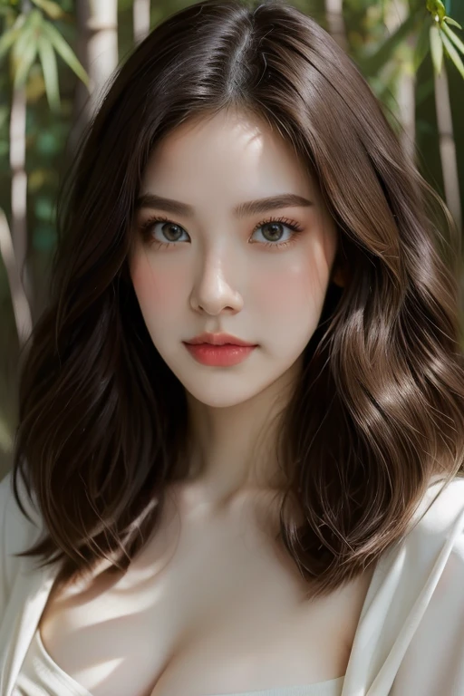 Top quality, RAW Photo, Highest Quality Image, 16K, Full body, Age 22 years old, Realistic, Photorealistic,  Beautiful Asian woman, Sexy, body, White pale skin, Beautiful hair, Wavy hair, Brown Hair,, Short hairstyle, Detailed face, Detailed body, Detailed skin, Double eyelids, Big eyes, long eyelashes, bright eyes, green eyes, natural lips, detailed lips, Saggy breasts, Very Small breasts, Flat Breasts, long shape breasts, posing in Bamboo forest , sunny day light , light through Aspen trees, wearing white shirt, Camera angle from below