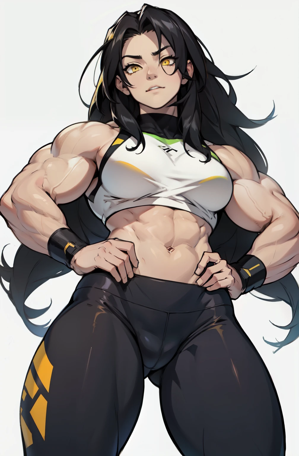 1girl pale skin muscular toned body black hair yellow eyes long hair huge muscles leggings muscles simple background ((from below)) breasts