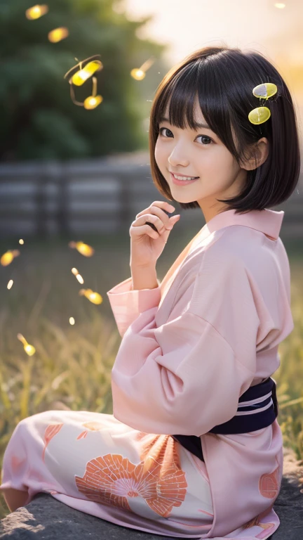 masterpiece, Highest quality, RAW Photos, Ultra-high resolution, Realistic, (16 years old,From the side, Baby Face, Cute Face, Perfect body, The waist is slim、The body is rich, Thin legs,), Realistic Skin, Angle from below), ((Japanese light pink yukata))、Long sleeves、Pink flower pattern、A rural grassland、stream、((Night Sky))、(((Fireflies on your fingertips)))、 Round face, Black Hair, Cute Smile, Shining Eyes, Short Bob Cut, bangs, A slight blush, (View your audience, stretch), Natural light, full length