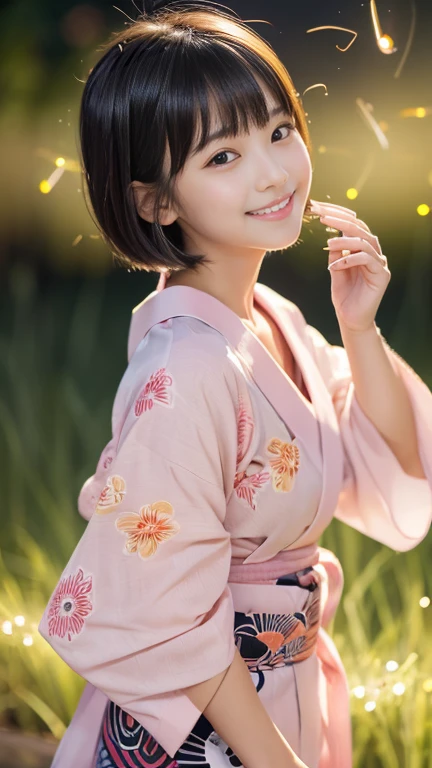 masterpiece, Highest quality, RAW Photos, Ultra-high resolution, Realistic, (,From the side, Baby Face, Cute Face, Perfect body, The waist is slim、The body is rich, Thin legs,), Realistic Skin, Angle from below), ((Japanese light pink yukata))、Long sleeves、Pink flower pattern、A rural grassland、stream、((Night Sky))、(((Fireflies on your fingertips)))、 Round face, Black Hair, Cute Smile, Shining Eyes, Short Bob Cut, bangs, A slight blush, (View your audience, stretch), Natural light, full length