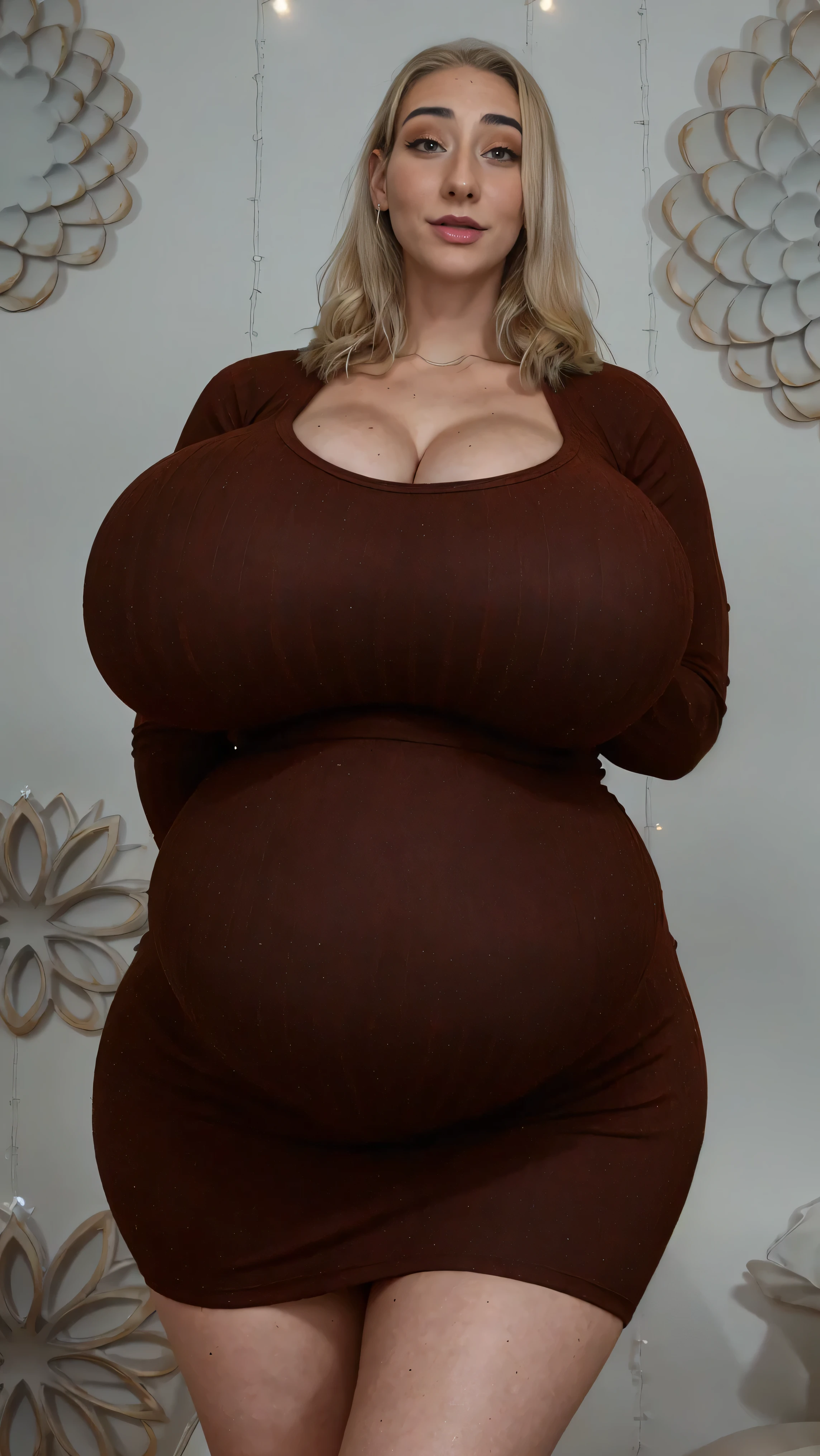 ((naked)),((huge saggy tits)),((heavy looking body)),((wide hips)),((thick body)),((big belly)),((white woman)),((blonde hair)),((short hair)),((Blue eyes)),((full body portrait))、((1 woman)),stand on tiptoe、White blank background、stand facing forward、barefoot、full body portrait、stand with legs apart、Model Pose、Full body portrait、脚を開いて立つ