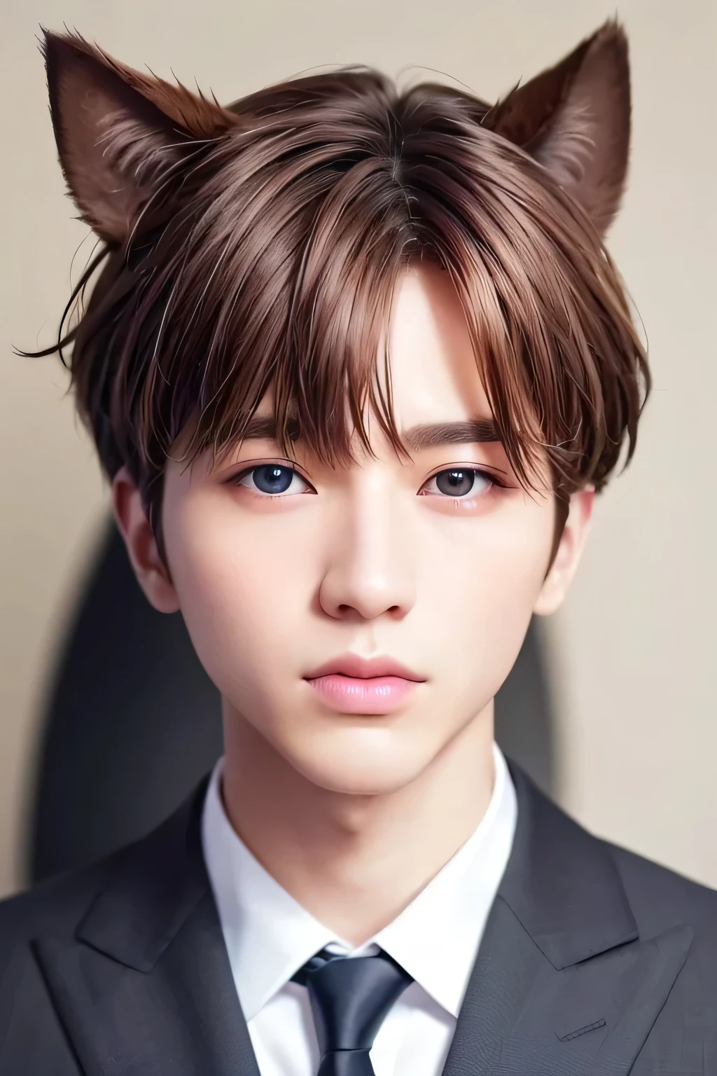 1 person、high quality、masterpiece、4K、Wearing dog ears、Realistic Skin、Rough skin、(Face shot:1.23)、、Silk Suit、Colorful eyes、