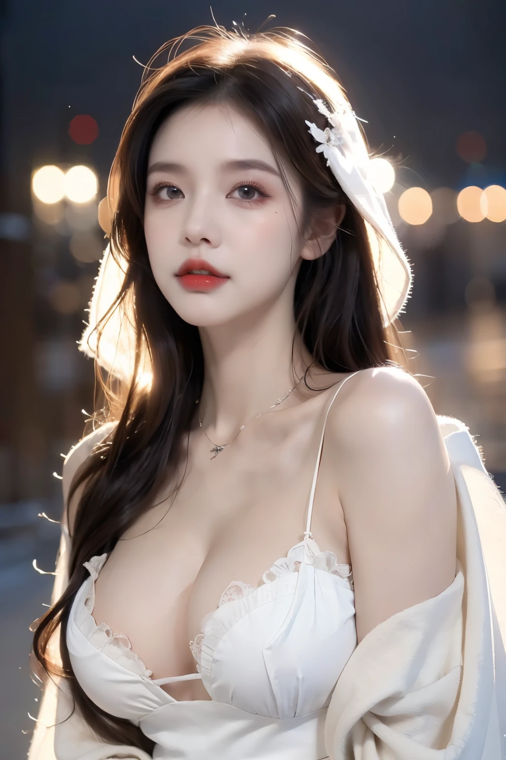 masterpiece, best quality, realistic, 8k, official art, cinematic light, ultra high res, 1girl, day, sunlight, light on face, huge breast, sexy, cleavage, (white hanfu), (Winter hanfu:1.2), (cloak:1.2), (upper body), open V chest,
French twist, jewelry ,necklace , Appalachian, nsfw, ((realistic detailed)), make up, sexy face, lofi style, dream eyes, city night backdrop, sky view,