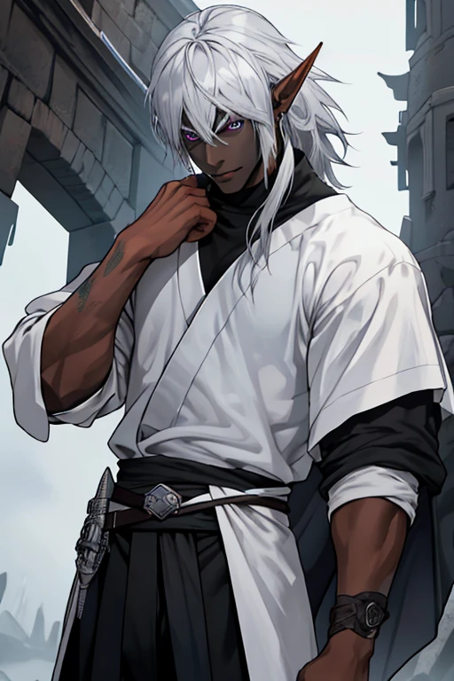 1 male Nie li DARK Elf gray skin tone, with pointy ears rogue outfit covering the entire body in role-playing world style, perfects eyes, best qualityer