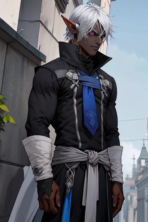 1 male Nie li DARK Elf gray skin tone, with pointy ears rogue outfit covering the entire body in role-playing world style, perfects eyes, best qualityer