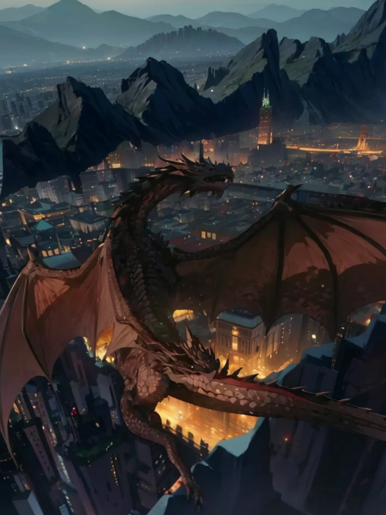 (Bird eye View) dragon flying above city