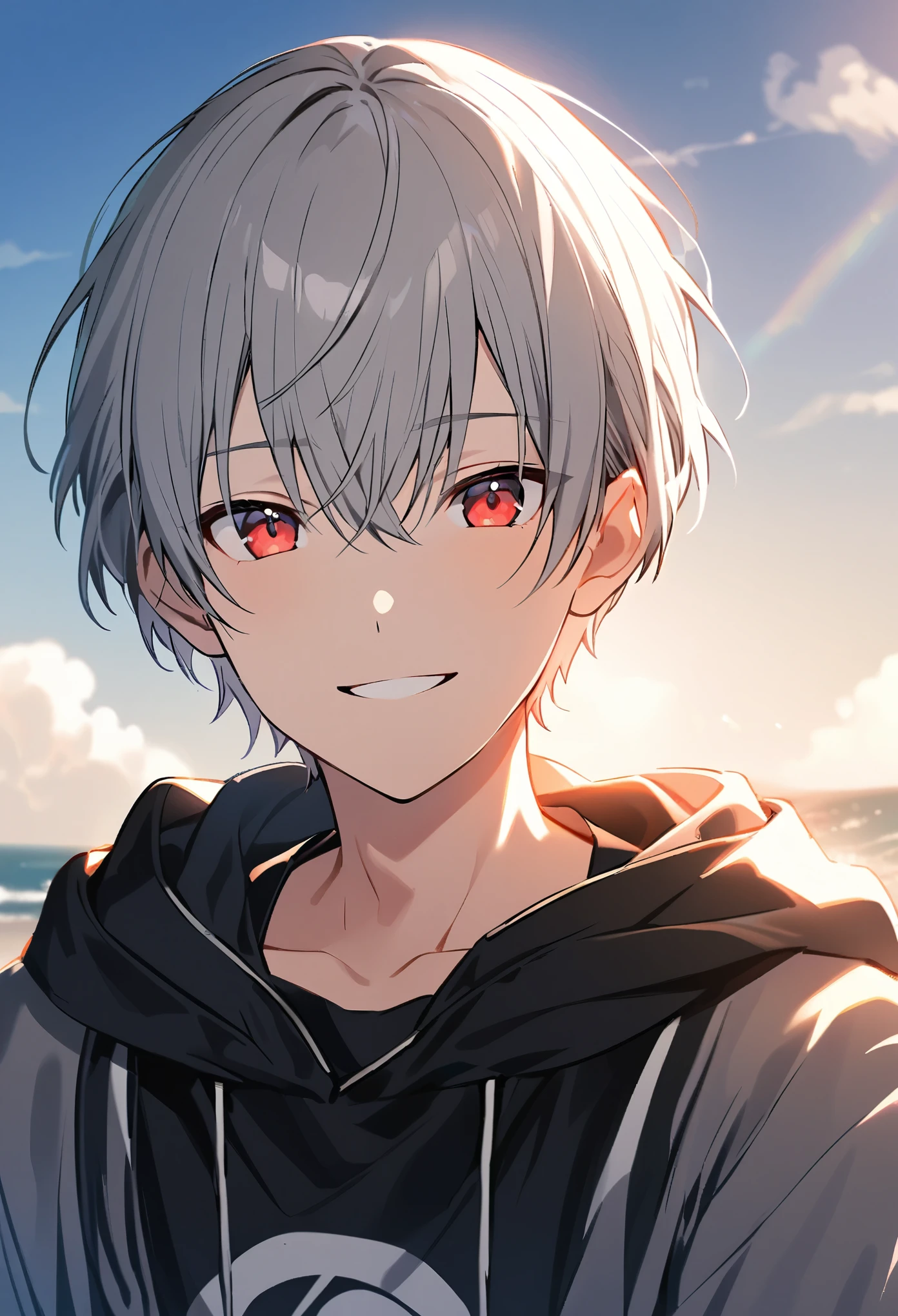 good looking, alone, 1 male, Gray Hair, Red eyes, Black Shirt, Black and white hooded, noon, White Light,Cute eyes,Short hairstyle,A cute boy,Summer sky,looking at the camera,smile