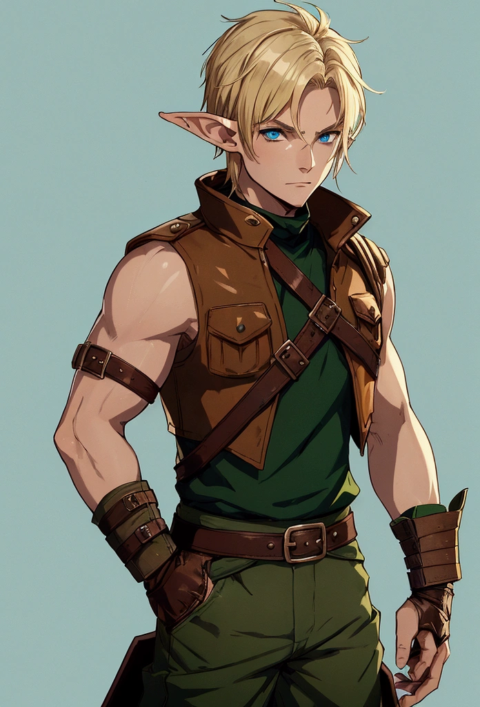 full portrait, simple male rogue, short blonde hair, elf ears, battle hardened, brown leather vest, mild green pants, calmly standing, early 20s, blue eyes, plain and simple blue background, medieval, shining force style