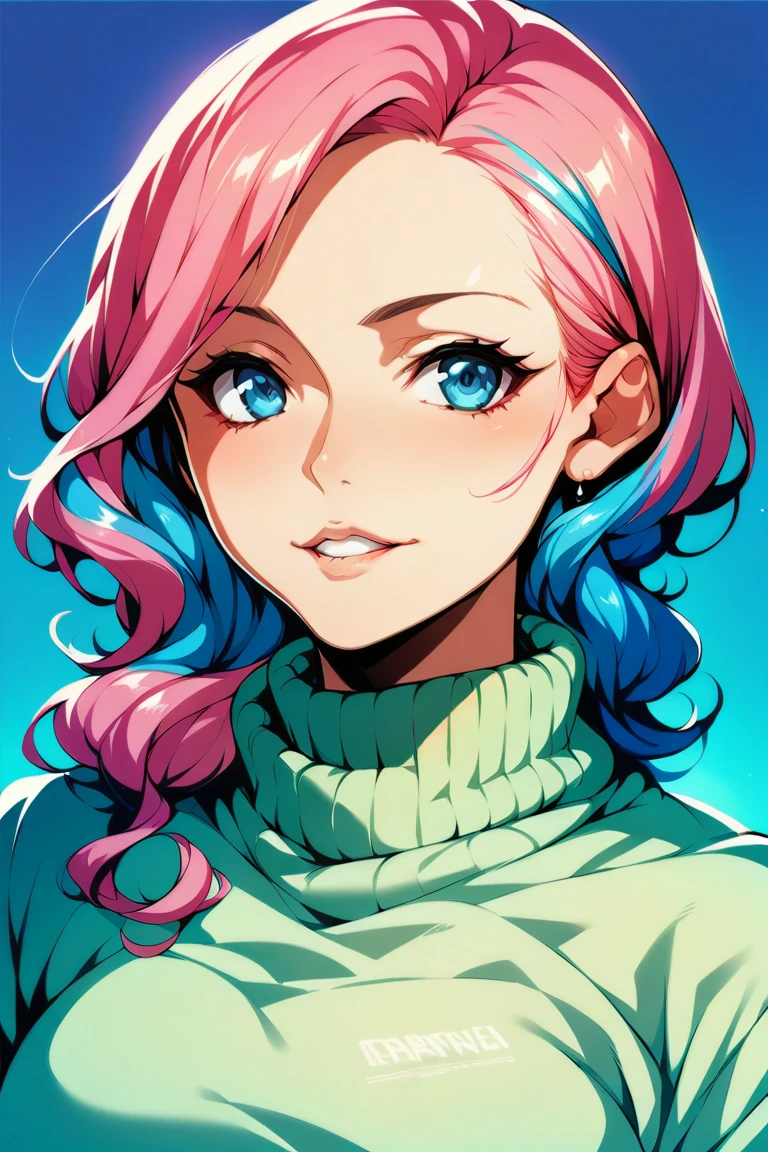 Illustrator, anime , Realistic ,sketch , 1 girl, ,lip, sweater,order, Blue gradient background, Neon Hair,Textured Trim, Canadian, (masterpiece,Highest quality) Cancer